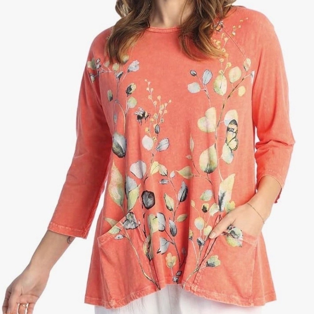 Jess & Jane Tunic Large Orange Coral NWT 100% Cotton Floral M12-1831